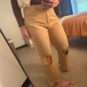 Trendy Tan Ripped Women's Straight Leg Jeans